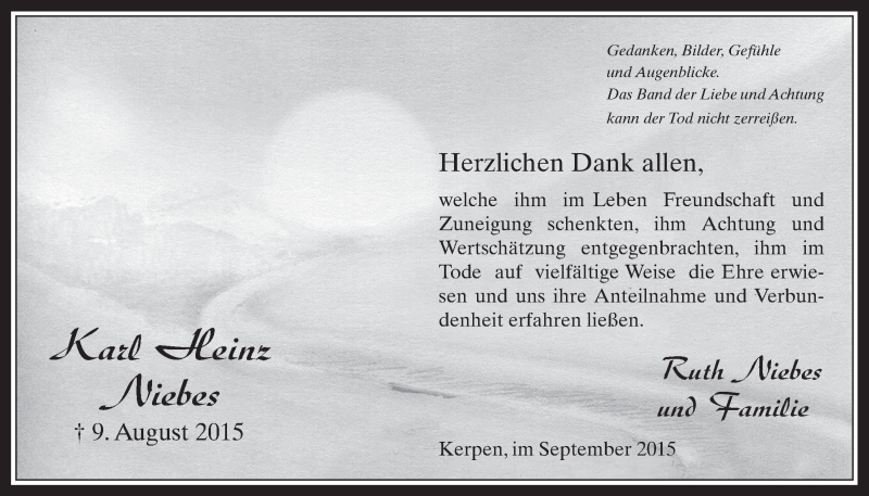  Traueranzeige für Karl Heinz Niebes vom 30.09.2015 aus  Werbepost 