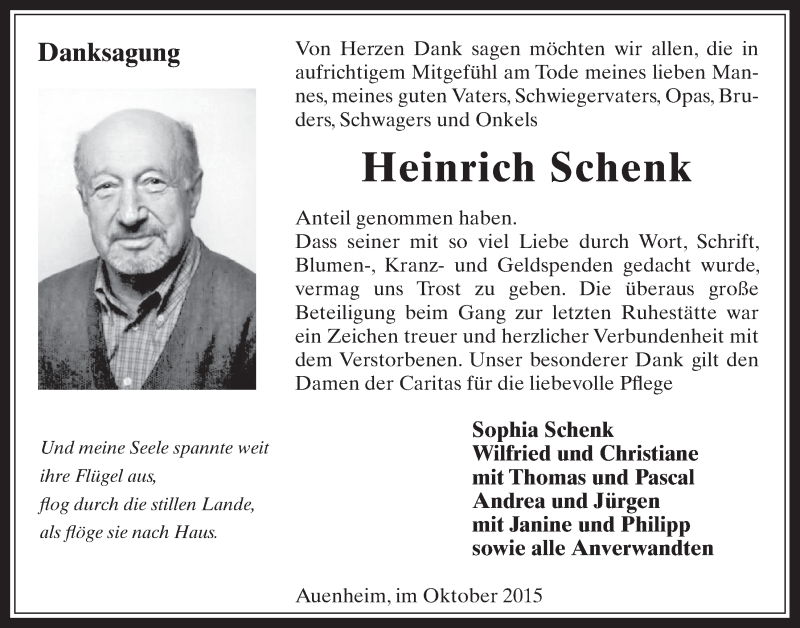  Traueranzeige für Heinrich Schenk vom 21.10.2015 aus  Werbepost 