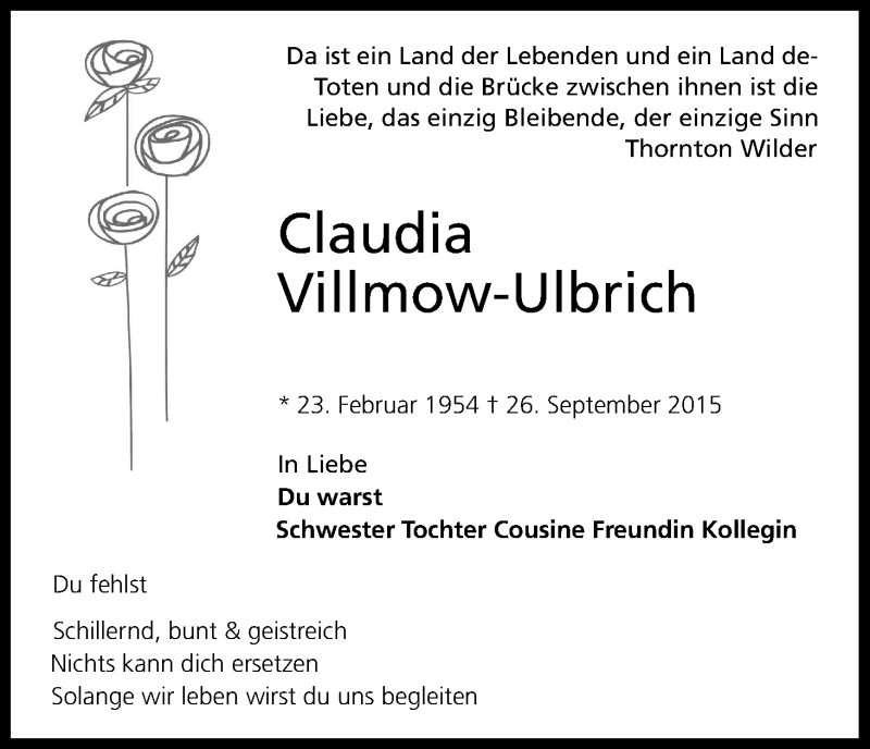  Traueranzeige für Claudia Villmow-Ulbrich vom 07.10.2015 aus Kölner Stadt-Anzeiger / Kölnische Rundschau / Express