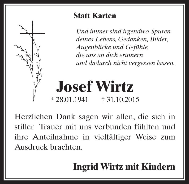  Traueranzeige für Josef Wirtz vom 25.11.2015 aus  Werbepost 