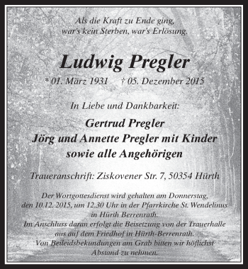 Anzeige von Ludwig Pregler von  Wochenende 
