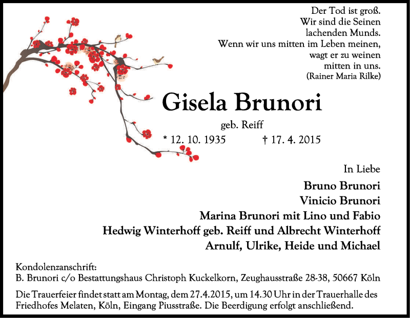  Traueranzeige für Gisela Brunori vom 22.04.2015 aus Kölner Stadt-Anzeiger / Kölnische Rundschau / Express