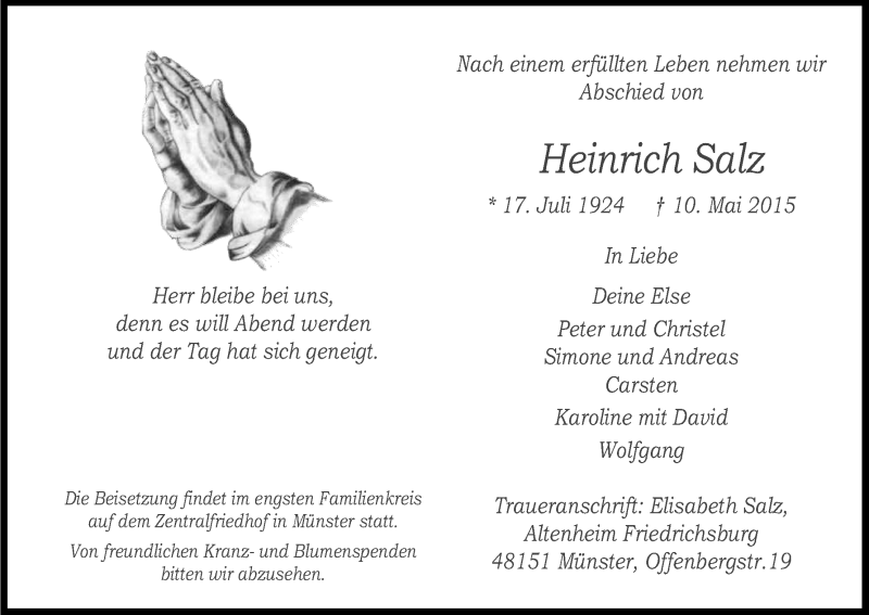  Traueranzeige für Heinrich Salz vom 16.05.2015 aus Kölner Stadt-Anzeiger / Kölnische Rundschau / Express