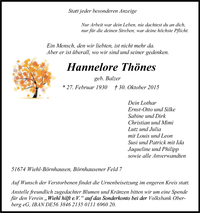 Traueranzeige für Hannelore Thönes vom 02.11.2015 aus Kölner Stadt-Anzeiger / Kölnische Rundschau / Express