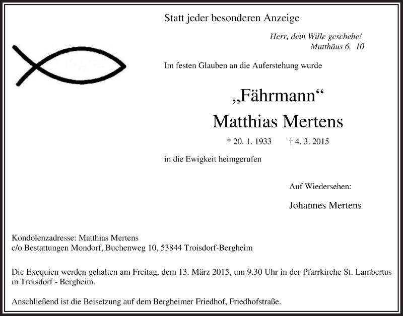  Traueranzeige für Matthias Mertens vom 11.03.2015 aus  Extra Blatt 
