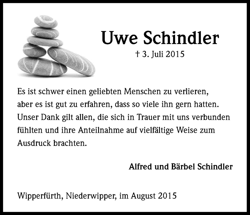  Traueranzeige für Uwe Schindler vom 22.08.2015 aus Kölner Stadt-Anzeiger / Kölnische Rundschau / Express
