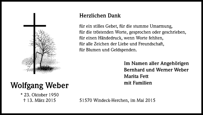  Traueranzeige für Wolfgang Weber vom 19.05.2015 aus Kölner Stadt-Anzeiger / Kölnische Rundschau / Express