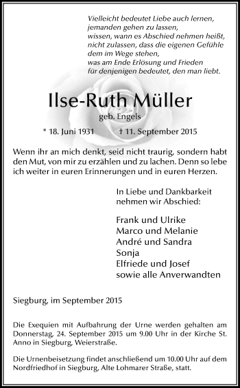 Anzeige von Ilse-Ruth Müller von Kölner Stadt-Anzeiger / Kölnische Rundschau / Express