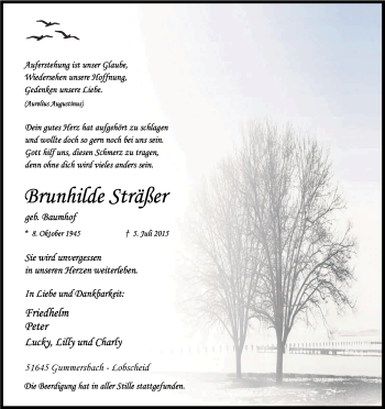 Anzeige von Brunhilde Sträßer von Kölner Stadt-Anzeiger / Kölnische Rundschau / Express