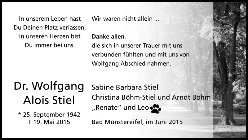 Traueranzeige für Wolfgang Alois Stiel vom 27.06.2015 aus Kölner Stadt-Anzeiger / Kölnische Rundschau / Express