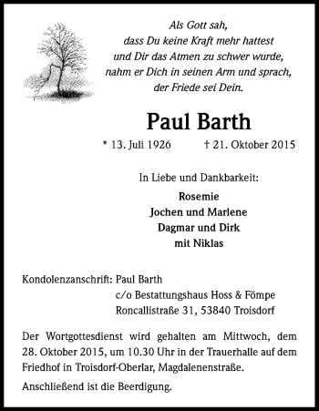 Anzeige von Paul Barth von Kölner Stadt-Anzeiger / Kölnische Rundschau / Express