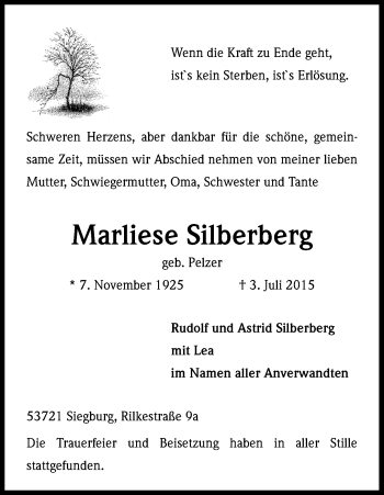 Anzeige von Marliese Silberberg von Kölner Stadt-Anzeiger / Kölnische Rundschau / Express