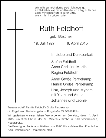 Anzeige von Ruth Feldhoff von Kölner Stadt-Anzeiger / Kölnische Rundschau / Express