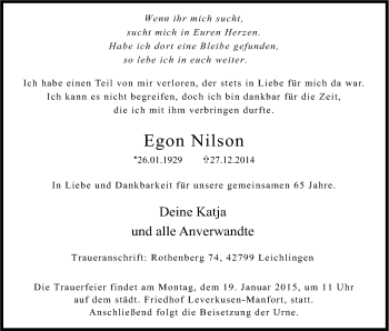 Anzeige von Egon Nilson von Kölner Stadt-Anzeiger / Kölnische Rundschau / Express