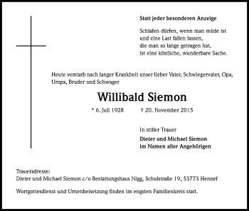 Anzeige von Willibald Siemon von Kölner Stadt-Anzeiger / Kölnische Rundschau / Express