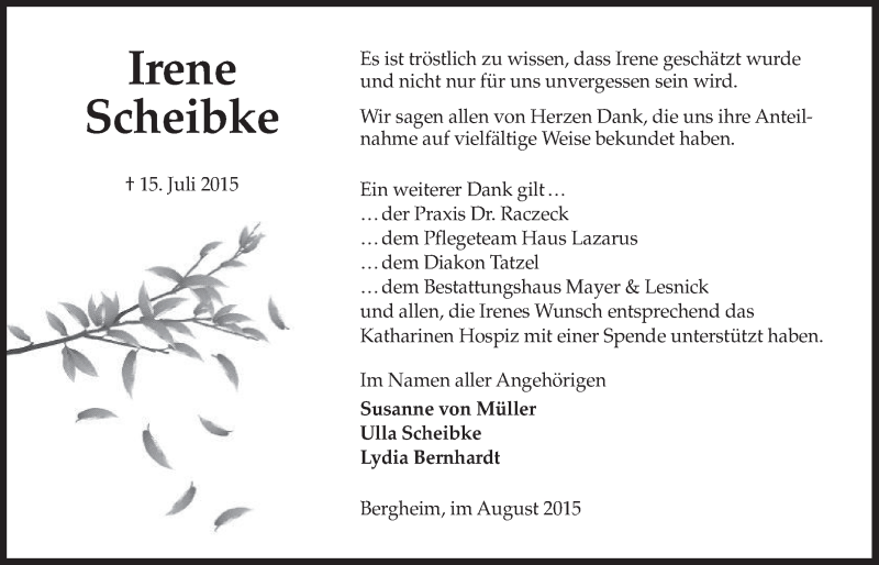  Traueranzeige für Irene Scheibke vom 26.08.2015 aus  Werbepost 