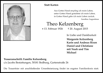 Anzeige von Theo Kelzenberg von Kölner Stadt-Anzeiger / Kölnische Rundschau / Express