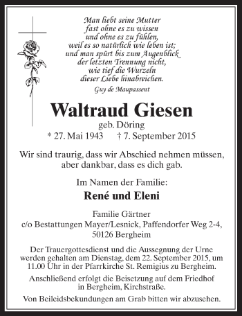 Anzeige von Waltraud Giesen von  Werbepost 