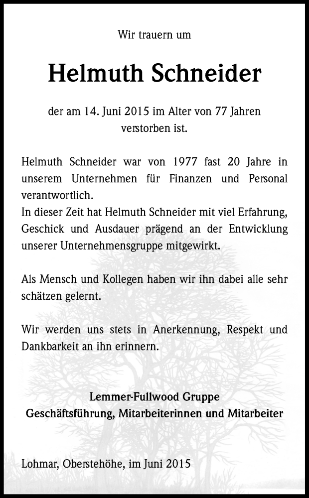  Traueranzeige für Helmuth Schneider vom 27.06.2015 aus Kölner Stadt-Anzeiger / Kölnische Rundschau / Express