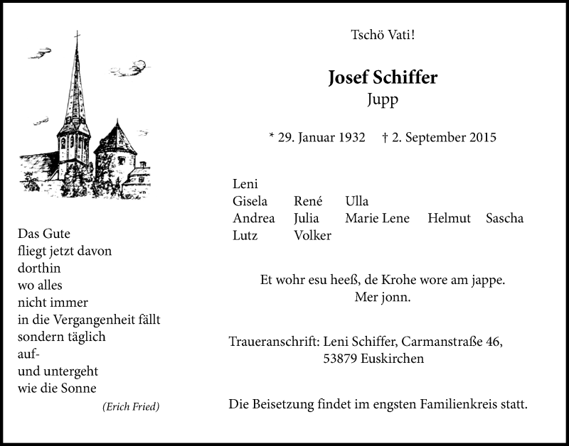  Traueranzeige für Josef Schiffer vom 13.09.2015 aus  Blickpunkt Euskirchen 