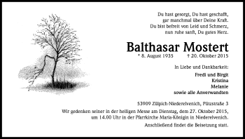 Anzeige von Balthasar Mostert von Kölner Stadt-Anzeiger / Kölnische Rundschau / Express