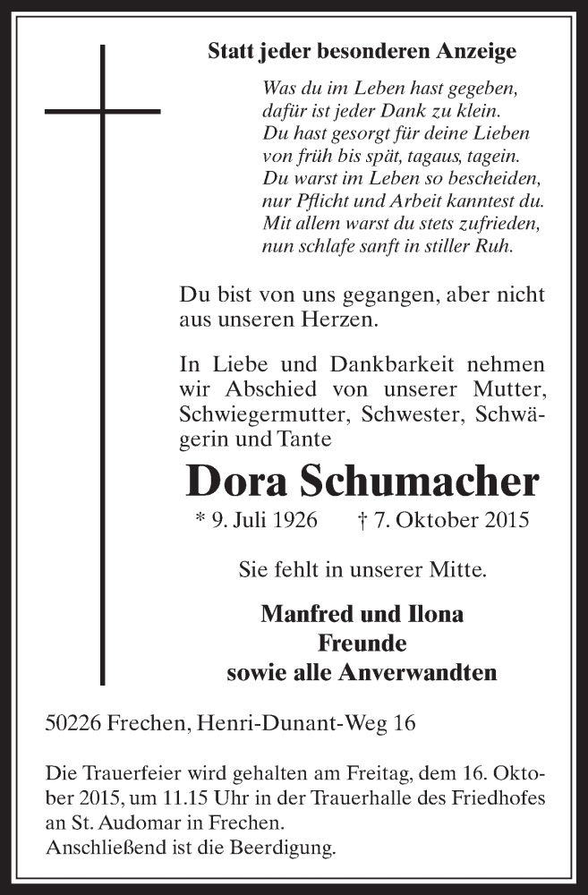  Traueranzeige für Dora Schumacher vom 14.10.2015 aus  Wochenende 
