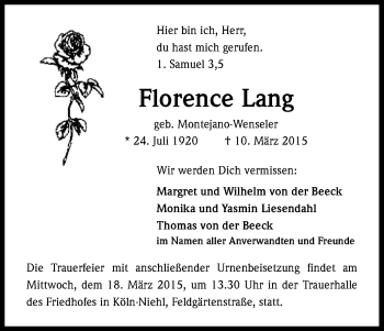 Anzeige von Florence Lang von Kölner Stadt-Anzeiger / Kölnische Rundschau / Express