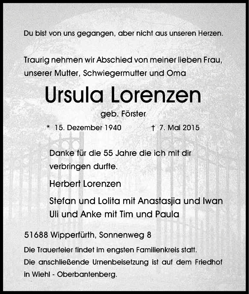  Traueranzeige für Ursula Lorenzen vom 12.05.2015 aus Kölner Stadt-Anzeiger / Kölnische Rundschau / Express
