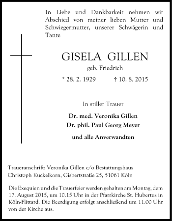 Anzeige von Gisela Gillen von Kölner Stadt-Anzeiger / Kölnische Rundschau / Express