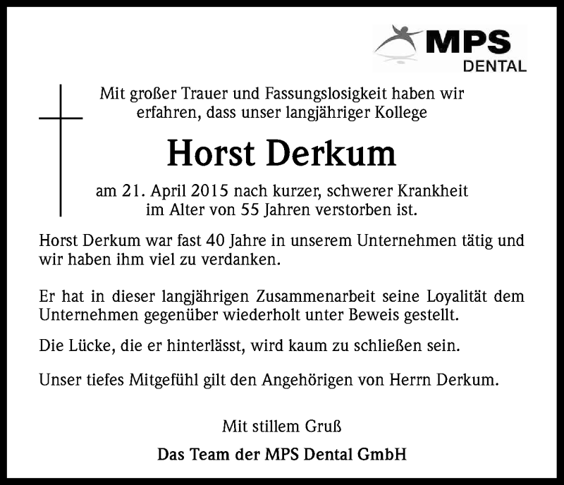  Traueranzeige für Horst Derkum vom 25.04.2015 aus Kölner Stadt-Anzeiger / Kölnische Rundschau / Express