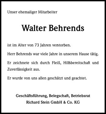 Anzeige von Walter Behrends von Kölner Stadt-Anzeiger / Kölnische Rundschau / Express