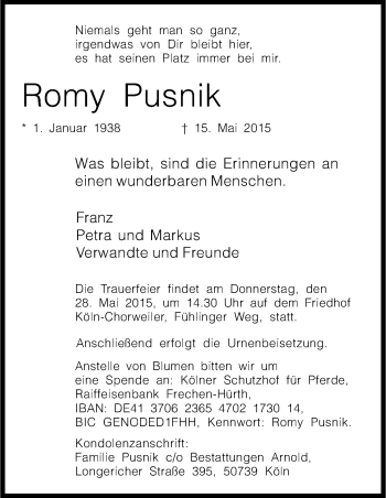 Anzeige von Romy Pusnik von Kölner Stadt-Anzeiger / Kölnische Rundschau / Express