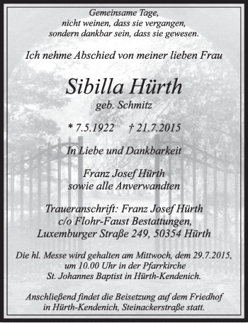 Anzeige von Sibilla Hürth von  Sonntags-Post 