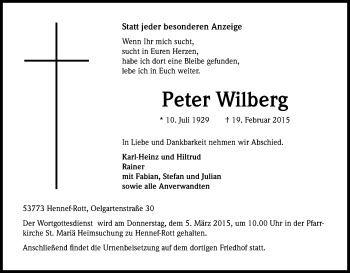 Anzeige von Peter Wilberg von Kölner Stadt-Anzeiger / Kölnische Rundschau / Express