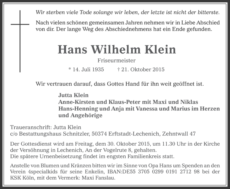  Traueranzeige für Hans Wilhelm Klein vom 28.10.2015 aus  Werbepost 