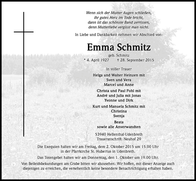  Traueranzeige für Emma Schmitz vom 30.09.2015 aus Kölner Stadt-Anzeiger / Kölnische Rundschau / Express