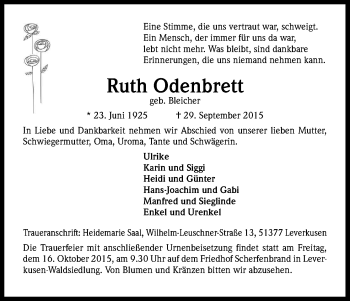 Anzeige von Ruth Odenbrett von Kölner Stadt-Anzeiger / Kölnische Rundschau / Express