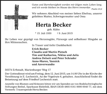 Anzeige von Herta Becker von Kölner Stadt-Anzeiger / Kölnische Rundschau / Express