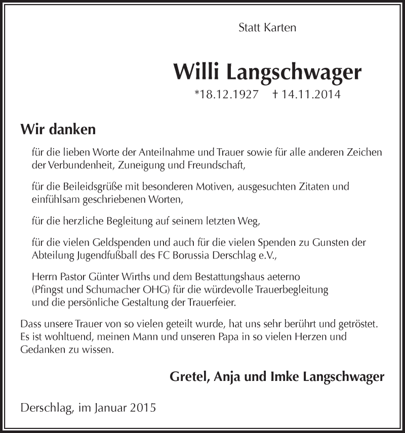  Traueranzeige für Willi Langschwager vom 21.01.2015 aus  Anzeigen Echo 