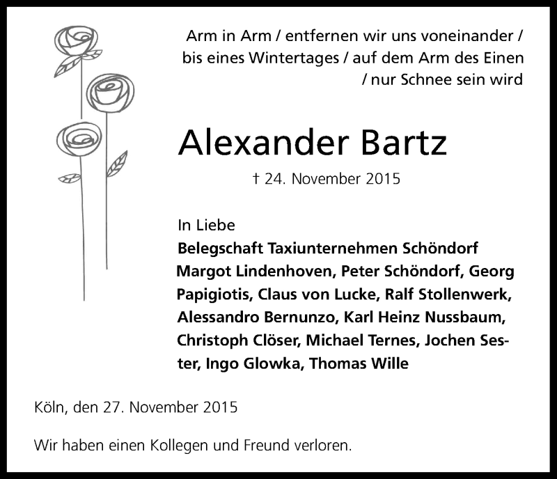  Traueranzeige für Alexander Bartz vom 28.11.2015 aus Kölner Stadt-Anzeiger / Kölnische Rundschau / Express