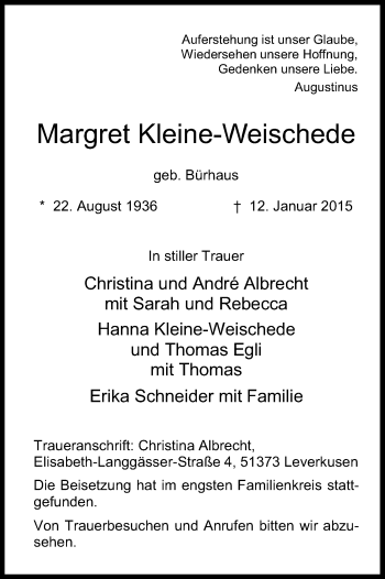 Anzeige von Margret Kleine-Weischede von Kölner Stadt-Anzeiger / Kölnische Rundschau / Express