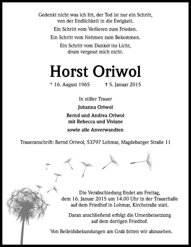  Traueranzeige für Horst Oriwol vom 14.01.2015 aus Kölner Stadt-Anzeiger / Kölnische Rundschau / Express