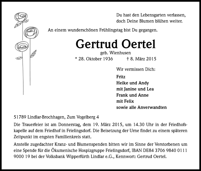  Traueranzeige für Gertrud Oertel vom 12.03.2015 aus Kölner Stadt-Anzeiger / Kölnische Rundschau / Express