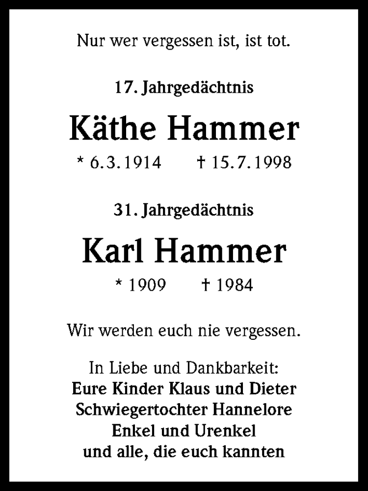  Traueranzeige für Käthe Hammer vom 15.07.2015 aus Kölner Stadt-Anzeiger / Kölnische Rundschau / Express