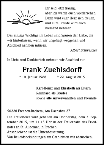 Anzeige von Frank Zuelhsdorff von Kölner Stadt-Anzeiger / Kölnische Rundschau / Express