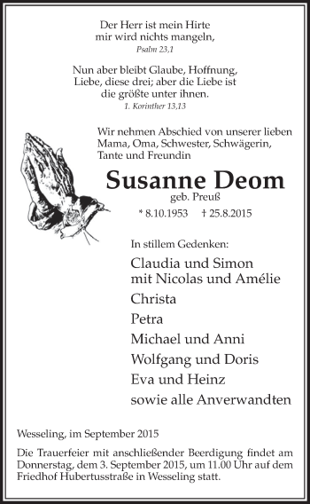 Anzeige von Susanne Deom von  Schlossbote/Werbekurier 
