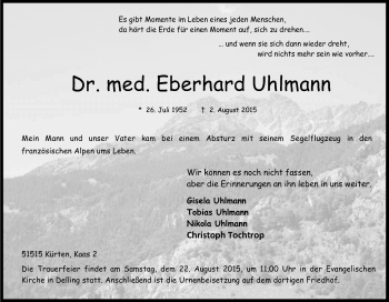 Anzeige von Eberhard Uhlmann von Kölner Stadt-Anzeiger / Kölnische Rundschau / Express