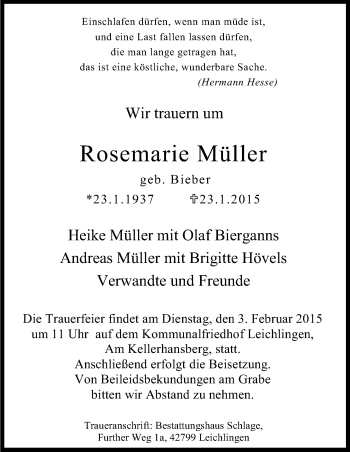 Anzeige von Rosemarie Müller von Kölner Stadt-Anzeiger / Kölnische Rundschau / Express