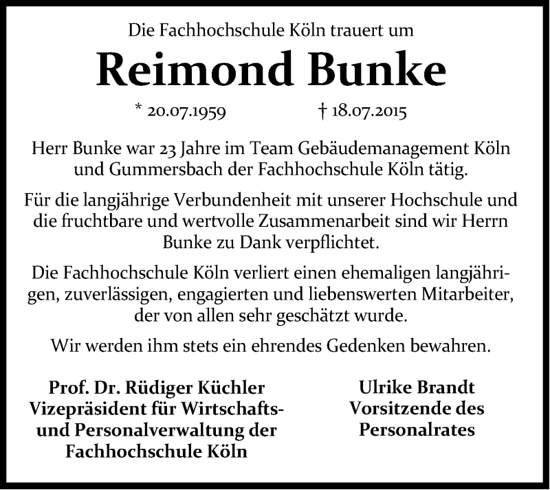  Traueranzeige für Reimond Bunke vom 08.08.2015 aus Kölner Stadt-Anzeiger / Kölnische Rundschau / Express