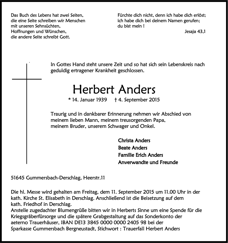  Traueranzeige für Herbert Anders vom 08.09.2015 aus Kölner Stadt-Anzeiger / Kölnische Rundschau / Express
